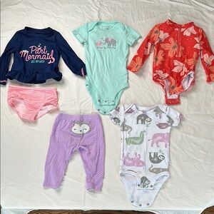Carters 6-9 month baby girl bundle. Includes 2 bathing suits, 2 onesies, 1 pant